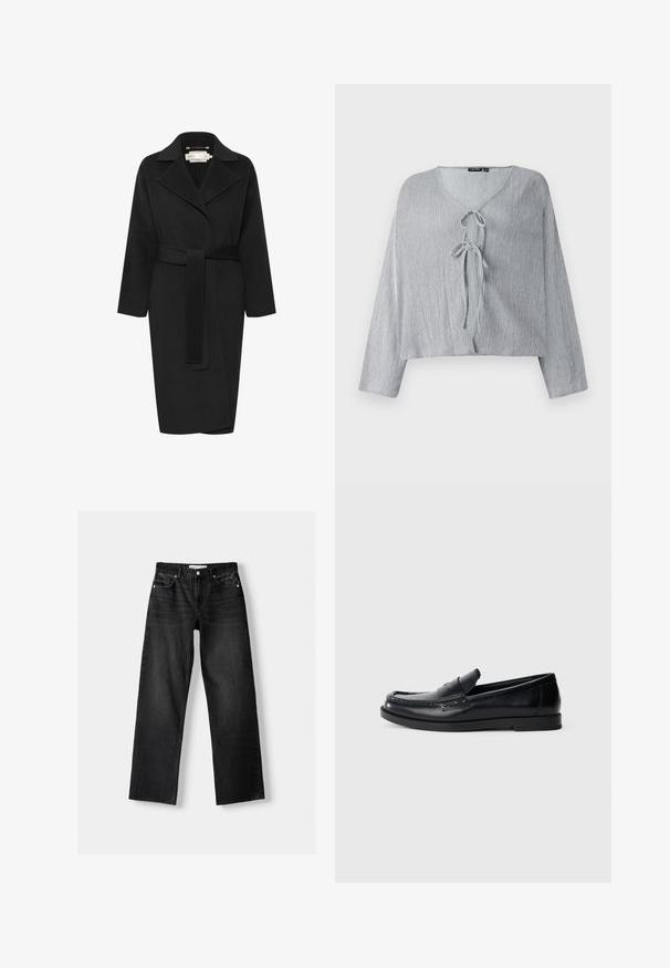 Zwarte wollen jas met een tailleband, brede kraag en lange mouwen. Kenmerkt zich door een strak ontwerp met een middellange pasvorm. Gestructureerde stof.; Lichtgrijze cropped blouse met lange mouwen, V-hals en sluiting met een strik aan de voorkant. De textuur van de stof vertoont subtiele verticale lijnen.; Bershka Straight leg jeans - mottled dark grey; Zwarte leren instappers met een gestikte accentontwerp, ronde neus, platte rubberen zool en een gladde afwerking. Klassieke, veelzijdige silhouet.