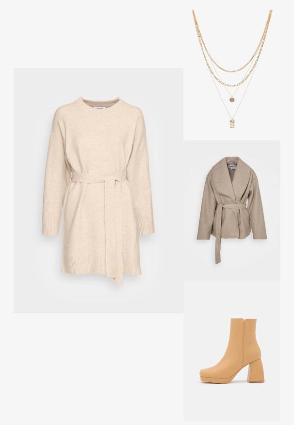 Manteau enveloppant beige en tissu doux et texturé. Il présente un large col, des manches longues et une ceinture assortie nouée à la taille.; EDITED MARIANA DRESS - Robe pull - beige; DeeZee Bottines à plateau - dark beige; Collier en or à plusieurs couches avec différents styles de chaînes, y compris des maillons épais et des chaînes fines, orné de pendants circulaires et rectangulaires.