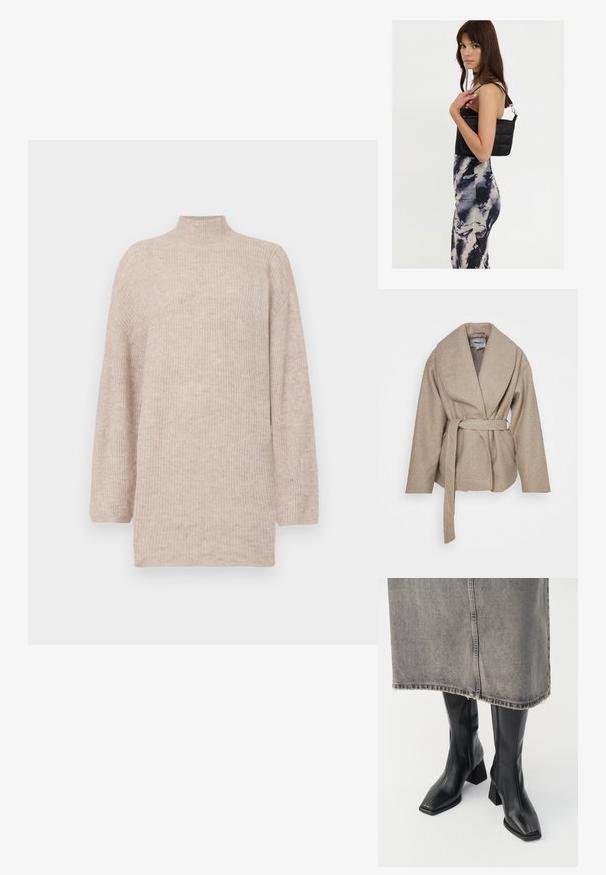 Beige svøbt frakke lavet af blødt, struktureret stof. Har en bred krave, lange ærmer og et matchende bælte knyttet i taljen.; Beige højhalset sweater med faldende skuldre, lavet af ribbet strikmateriale. Løs pasform med lange ærmer og en blød tekstur.; Sorte knæhøje støvler i glat læder med firkantet tå og blokeret hæl. Båret med en grå denimnederdel med flosset kant.; Sort quiltet skuldertaske med en enkelt rem og sølvhardware, parret med en tætsiddende kjole med tie-dye mønster i nuancer af sort og creme.