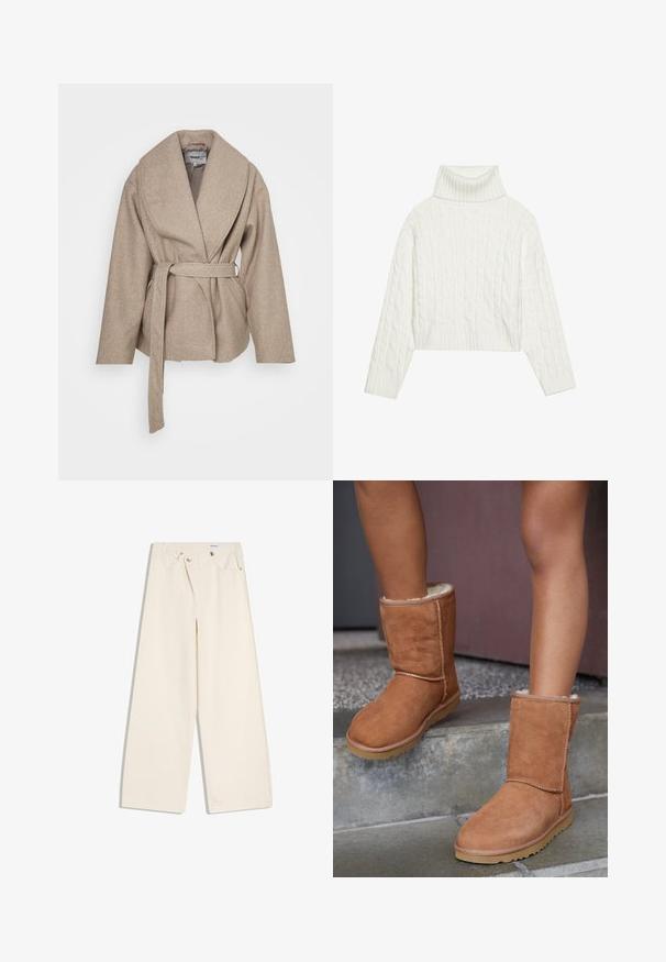 Beige svøbt frakke lavet af blødt, struktureret stof. Har en bred krave, lange ærmer og et matchende bælte knyttet i taljen.; Hvid kabel-strikket turtleneck sweater med en cropped silhuet, der har ribbede manchetter og kant. Blød tekstur med et hyggeligt, chunky design.; Off-white bukser med vidde i benene, foranlommer, bærestropper og sølvknapper på linningen og lommekanter.; Brune ruskind ankelstøvler med rund tå, blødt foer og gummisål, der har synlige stikninger langs sømmene.