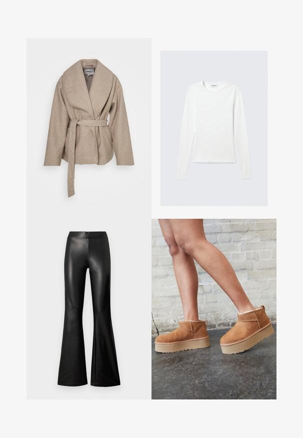Beige svøbt frakke lavet af blødt, struktureret stof. Har en bred krave, lange ærmer og et matchende bælte knyttet i taljen.; Langærmet, enkel hvid T-shirt med rund halsudskæring og tætsiddende pasform, vist mod en lysegrå baggrund.; Sort flared bukser lavet af glat, blankt kunstlæder; har en høj talje og en tætsiddende silhuet, der udvider sig ved kanten.; Brune ruskinds ankelsko med en blød foring, tyk beige plattformsål og en bageste løkke. Tekstureret overflade med synlige sømdetaljer.