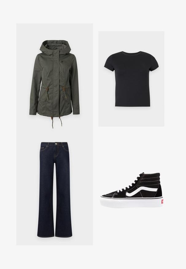 Veste à capuche vert foncé avec fermeture éclair frontale, poches à rabat, cordons de serrage à la taille et à l'ourlet, ainsi qu'une petite poche poitrine zippée.; T-shirt noir uni à manches courtes avec col rond, affiché à plat sur un fond gris clair.; Jean en denim bleu foncé à jambes larges avec poches avant, fermeture par bouton et fermeture éclair, et coutures contrastantes visibles.; Baskets montantes noires avec des lacets blancs, un logo blanc et des coutures blanches contrastées. Dotées d'une épaisse semelle blanche et d'un dessus en daim texturé.