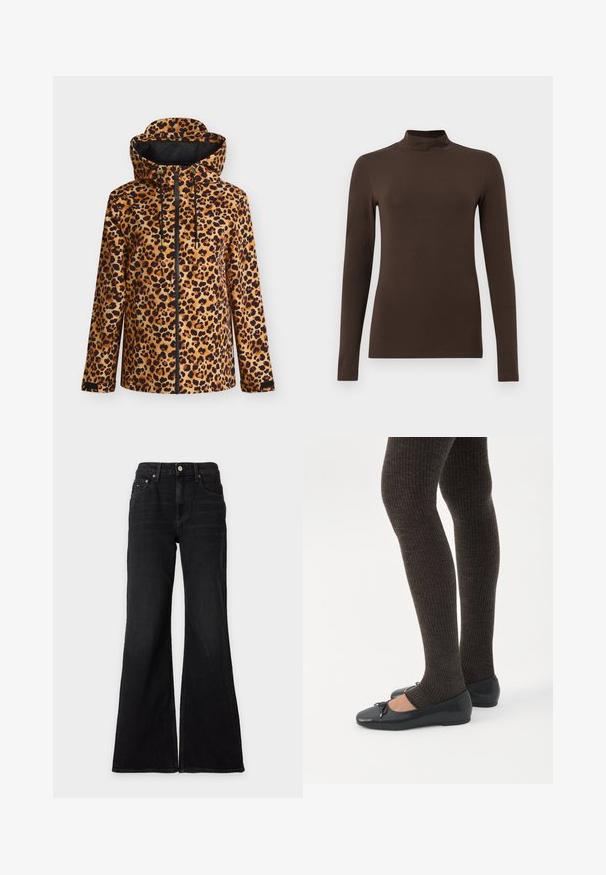 Hættetrøje med leopardprint, forrest lynlås, justerbare snore, lange ærmer og sort indvendig foring.; Brun langærmet turtleneck-top lavet af blødt stof. Tætsiddende design med høj krave og sømløse ærmer. Ingen synlige mønstre eller hardware.; Sorte jeans med høj talje og vide ben, lukning foran med knap og lynlås, bæltestropper og fem-lommer-design mod en ensfarvet hvid baggrund.; Ben iført mørke ribbede leggings kombineret med sorte balletsko med små sløjfedetaljer på hvid baggrund.
