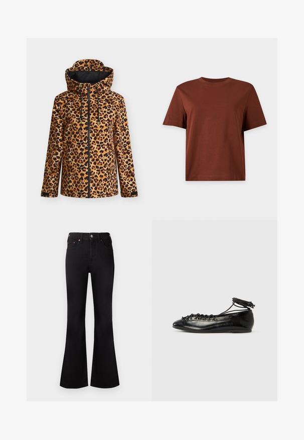 Hættetrøje med leopardprint, forrest lynlås, justerbare snore, lange ærmer og sort indvendig foring.; Ensfarvet brun kortærmet bomulds T-shirt med rund halsudskæring, vist mod en lys grå baggrund.; Sorte højtaljede flare-jeans med forreste knap og lynlås, fem-lomme-design og kobbernitter på hvid baggrund.; Sorte balletflade sko i laklæder med rundet tå, snørelukning og flad sål. Glat tekstur med få detaljer.
