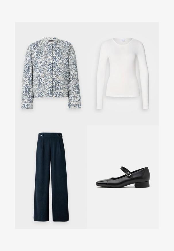 Veste à motifs paisley bleus et blancs, avec un col rond, des manches longues et deux poches avant avec des fermetures à rabat.; Chemise blanche à manches longues en tissu doux et lisse ; présente un col rond et une coupe ajustée, sans motifs ni embellissements.; Pantalons évasés en velours côtelé bleu foncé, dotés d'une taille haute, de deux plis frontaux et de deux accents de boutons à la taille.; Chaussures Mary Jane en cuir noir avec un embout en vernis, une sangle cheville réglable et un petit talon carré. Texture lisse et design élégant.