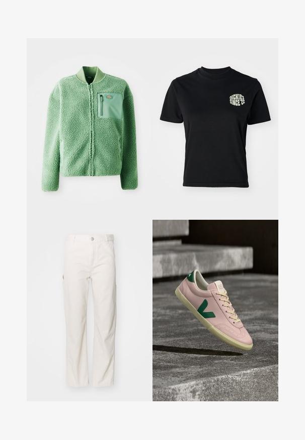Vihreä fleece-takki, jossa on teksturoitu pinta, ja siinä on vetoketjullinen rintatasku sekä ribbikuvioitu kaulus. Edessä vetoketjusuljenta, pitkät hihat.; Mustapaita, jossa on pyöreä pääntie ja lyhyet hihat; vasemmassa rinnassa on vaaleanvihreä grafiikka "DICKIES SINCE '22".; Valkoiset puuvillaiset cargo-housut, joissa on suora lahje-muotoilu, sivutaskut ja nappikiinnitys vyötäröllä. Sujuva rakenne.; Vaaleanpunainen nahkainen lenkkari, jossa vihreät yksityiskohdat ja valkoiset nauhat. Varustettu teksturoidulla kärjellä ja uritetulla beigen sävyisellä kumipohjalla.