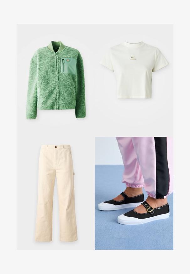 Vihreä fleece-takki, jossa on teksturoitu pinta, ja siinä on vetoketjullinen rintatasku sekä ribbikuvioitu kaulus. Edessä vetoketjusuljenta, pitkät hihat.; Lyhyt valkoinen napapaita, jossa on pieni beige Nike ACG -logo keskitetty kaula-aukon alle.; Valkoiset, leveät housut, jotka on valmistettu puuvillasta ja joissa on nappisuljenta, sivutaskut ja siisti, minimalistinen muotoilu.; Mustat kangaskengät valkoisella pohjalla, joissa on leikattu muotoilu ja kultainen solkemainen remmi. Yhdistetty vaaleanpunaisten treenihousujen kanssa.