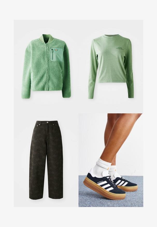 Vihreä fleece-takki, jossa on teksturoitu pinta, ja siinä on vetoketjullinen rintatasku sekä ribbikuvioitu kaulus. Edessä vetoketjusuljenta, pitkät hihat.; Vaaleanvihreä pitkähihainen t-paita, joka on valmistettu pehmeästä puuvillasta. Paidassa on pyöreä kaula-aukko ja pieni painettu logo vasemmalla ylhäällä.; Tummanvihreät leveälahkeiset housut, joissa on teksturoitu kukkakuosi, viisipaikkainen muotoilu ja metallinapeilla suljettava vyötärö.; Jalat pukeutuneina valkoisiin sukkiin ja mustiin Adidas Gazelle -lenkkareihin, joissa valkoiset raidat ja paksut ruskeat pohjat harmaalla matolla.