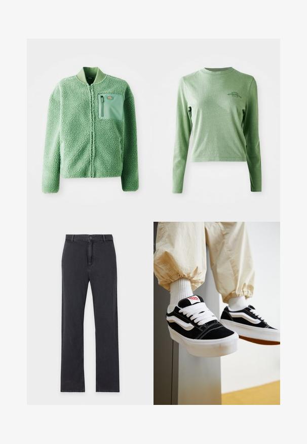 Grüne Fleecejacke mit strukturierter Oberfläche, ausgestattet mit einer Brusttasche mit Reißverschluss und einem gerippten Kragen. Vorderer Reißverschluss, lange Ärmel.; Hellgrünes Langarm-T-Shirt aus weicher Baumwolle, mit Rundhalsausschnitt und einem kleinen gedruckten Logo auf der oberen linken Seite.; Schwarze Jeans mit geradem Bein, vorderem Knopf- und Reißverschluss, Gürtelschlaufen und klassischem Fünf-Taschen-Design, flach auf weißem Hintergrund liegend.; Person, die schwarz-weiße Vans-Sneaker mit weißen Schnürsenkeln, weißen Socken und beigen Hosen mit elastischen Bündchen trägt.