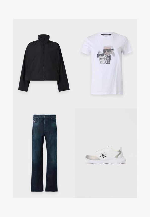 Sort cropped jakke med høj krave, fuld frontlynlås og lange ærmer med sidelommer. Fremstillet af letvægts, glat stof.; Hvid bomuld T-shirt med et grafisk design, der viser en karakter og en kat iført solbriller, accentueret med sorte og grå detaljer.; Mørkeblå denimjeans med lige ben, udstyret med knaplukning foran og sidelommer. Blød tekstur med en let falmet effekt.; Hvide atletiske sko med en sølvaccent, glat tekstur og gummisol. Har et fremtrædende sort logo på siden og snørebånd.