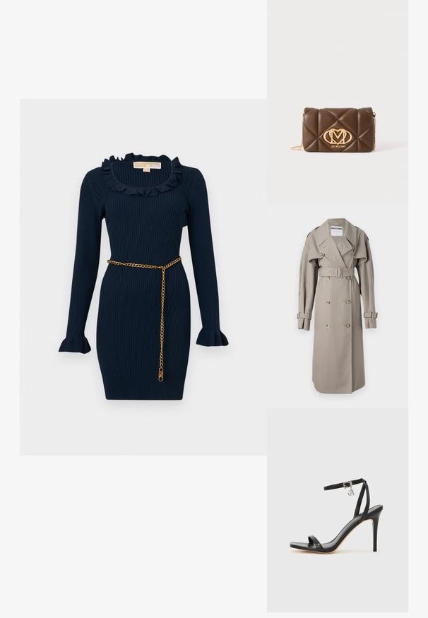 Kreemikaelne trench coat, mis on valmistatud kerge kangaga, topelt nööpide ees, laia kraega, vööga ja lipsukujuliste varrukateotste ning kuldse tooni nööpidega.; Sügavamere sinine soonikkoes kleit pikkade varrukate, volditud kaeluse ja mansettidega, kitsa lõikega ning õhukese kuldse ketiga vöökohal.; Mustad kõrge kontsaga sandaal kitsaste pahkluu rihmadega, kandilise varbaosaga, siledast nahast ning metallist pandla aktsendiga.; Pruun tikitud nahast õlakott kuldse kettrihmaga ja kuldse Love Moschino logoga esiküljel keskel.