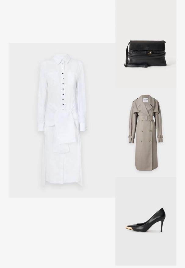 Kreemikaelne trench coat, mis on valmistatud kerge kangaga, topelt nööpide ees, laia kraega, vööga ja lipsukujuliste varrukateotste ning kuldse tooni nööpidega.; Rabanne Maksikleit - white; Mustmust suured mõõgapead; pöidla kurgus on metallist kullatooni aktsent. Sile pind ja peen disain.; Mustast nahast risti kehale kantav kott klapiga, õhukese reguleeritava rihmaga ja dekoratiivse kuldse pandlaga vööl ees.