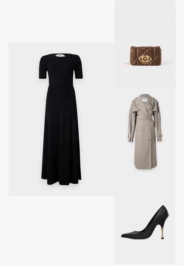 Beige Trenchcoat aus leichtem Stoff, mit doppelreihiger Knopfleiste, weitem Kragen, tailliertem Schnitt und geknöpften Manschetten. Knöpfe in Goldoptik.; Schwarzes Maxikleid mit geripptem Oberteil, kurzen Ärmeln und einem fließenden Rock. Hergestellt aus einem glatten Stoff in einheitlicher Farbe.; Schwarzer Pumps mit spitz zulaufender Zehenpartie und Stiletto-Absatz aus Leder, verziert mit einem einzigartigen, schlanken goldfarbenen Absatz und schwarzer Spitze auf neutralem Hintergrund.; Braune gesteppte Leder-Umhängetasche mit goldener Kettenriemen und goldenem Love Moschino Logo vorn in der Mitte.
