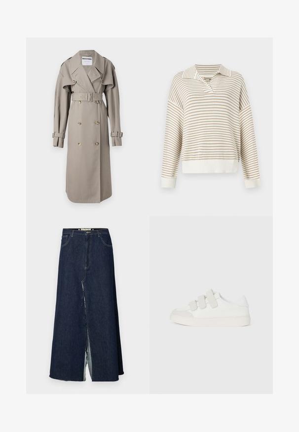 Kreemikaelne trench coat, mis on valmistatud kerge kangaga, topelt nööpide ees, laia kraega, vööga ja lipsukujuliste varrukateotste ning kuldse tooni nööpidega.; Kreemikas-beezh triibuline pikkade varrukatega kampsun soonikkoelise krae, mansettide ja vöökohaga, lõdva istuvusega ja avatud V-kaelusega.; Tume sinine teksaskleit, millel on esine lõhk. Omab traditsioonilist viie tasku disaini ja nähtavaid tikandi detaile. Äär on kulunud.; Valge sneaker sujuva nahast ülemise osaga, kolm Velcro rihma jalatsite eesosale, ümar varvas ja paks heleda värvuse kummitald.