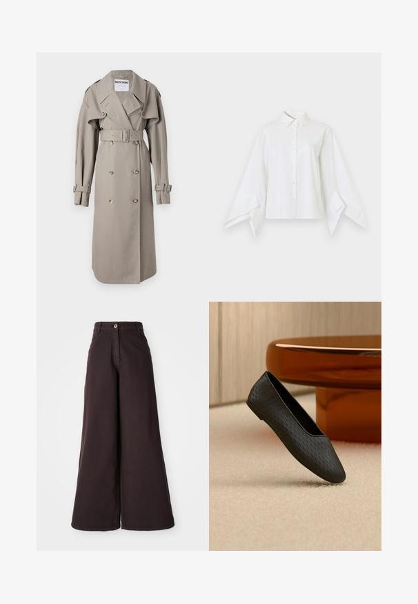 Gabardina beige hecha de tela ligera, con frente de doble botonadura, amplio collar, cintura ceñida con cinturón y puños con solapas. Botones en tono dorado.; Camisa blanca con cuello clásico y cierre con botones en la parte delantera. Características de mangas largas y anchas que se estrechan en las muñecas. Hecha de tela suave.; Pantalones de pierna ancha en tela marrón oscuro, con cierre de botón en la parte delantera, cintura alta y textura suave. Diseño liso sin patrones.; Zapato plano negro texturizado tipo slip-on flotando sobre una alfombra beige cerca de una base de mesa redonda de color ámbar.