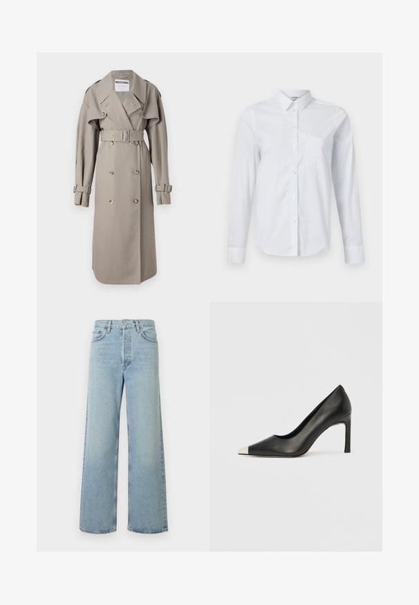 Beige Trenchcoat aus leichtem Stoff, mit doppelreihiger Knopfleiste, weitem Kragen, tailliertem Schnitt und geknöpften Manschetten. Knöpfe in Goldoptik.; Weißes langärmeliges Hemd aus Baumwolle, mit Kragen, durchgehender Knopfleiste und einer einzelnen Brusttasche. Glatte Textur. Kein Muster.; Hellblaue Jeans mit weitem Bein aus Denim-Stoff mit hoher Taille. Verfügt über fünf Taschen, einen Knopfverschluss und eine dezente verwaschene Textur.; Schwarzer Lederschuh mit hohem Absatz, spitz zulaufender Zehenpartie und metallischer silberner Spitze. Verfügt über eine glatte Oberfläche und einen schlanken 10 cm hohen Absatz.