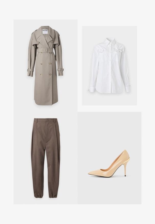 Beige Trenchcoat aus leichtem Stoff, mit doppelreihiger Knopfleiste, weitem Kragen, tailliertem Schnitt und geknöpften Manschetten. Knöpfe in Goldoptik.; Weißes, langärmliges Hemd mit Kragen und zwei Brusttaschen, jeweils mit einer dekorativen Schleife nahe dem oberen Rand.; Braune maßgeschneiderte Hose mit Falten, Gürtelschlaufen und elastischen Bündchen, vor weißem Hintergrund dargestellt.; Beiger High-Heel-Pumps aus lackiertem Leder mit spitzer Zehenpartie und schlankem Stiletto-Absatz, mit einem kleinen goldenen Akzent an der Rückseite.