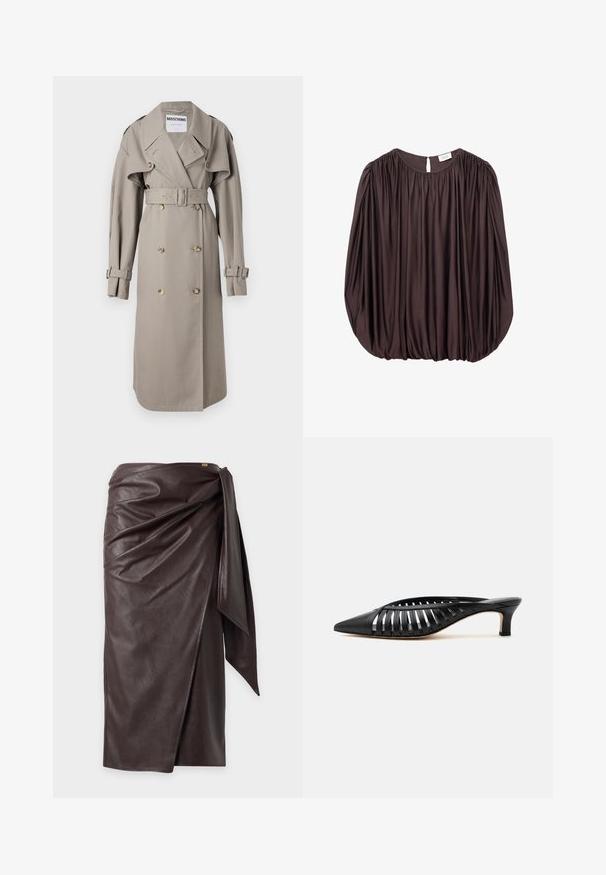 Beige Trenchcoat aus leichtem Stoff, mit doppelreihiger Knopfleiste, weitem Kragen, tailliertem Schnitt und geknöpften Manschetten. Knöpfe in Goldoptik.; Locker sitzende dunkelbraune Bluse mit gesammeltem Stoff rund um den runden Halsausschnitt, die Schultern sowie elastischem Saum und Ärmelbündchen.; Dunkelbrauner Midi-Rock aus Kunstleder mit Wickeldesign und drapiertem Bindedetail auf einer Seite, vor einfachem hellem Hintergrund gezeigt.; Schwarze Leder-Mule mit spitzer Schuhspitze, Riemchen-Design und niedrigem Kittenheel auf weißem Hintergrund.