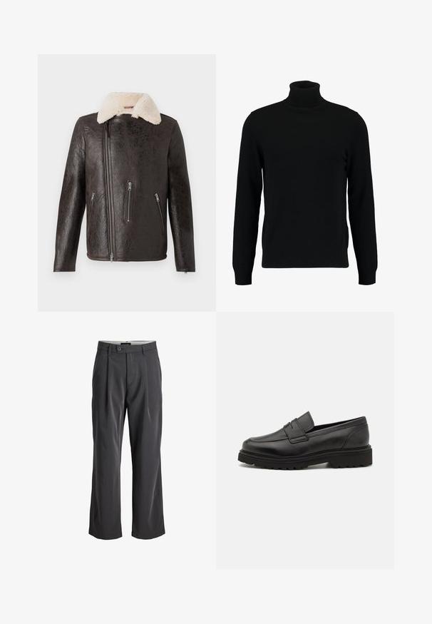 Brun læderjakke med hvid fåreskindskrage, der har en frontlynlås og to lynlåslommer på hver side. Struktureret overflade.; Sort turtleneck sweater lavet af et blødt strikmateriale. Har lange ærmer, ribbet krave og kant. Enkel, slank design uden mønstre.; Sorte plisserede bukser med lige ben, lavet af et glat stof. Har en knaplukning og bæltestropper i taljen.; Sort læder loafersko med rund tå, syningsdetaljer og en tyk, struktureret sål. Har et elegant, minimalistisk design.