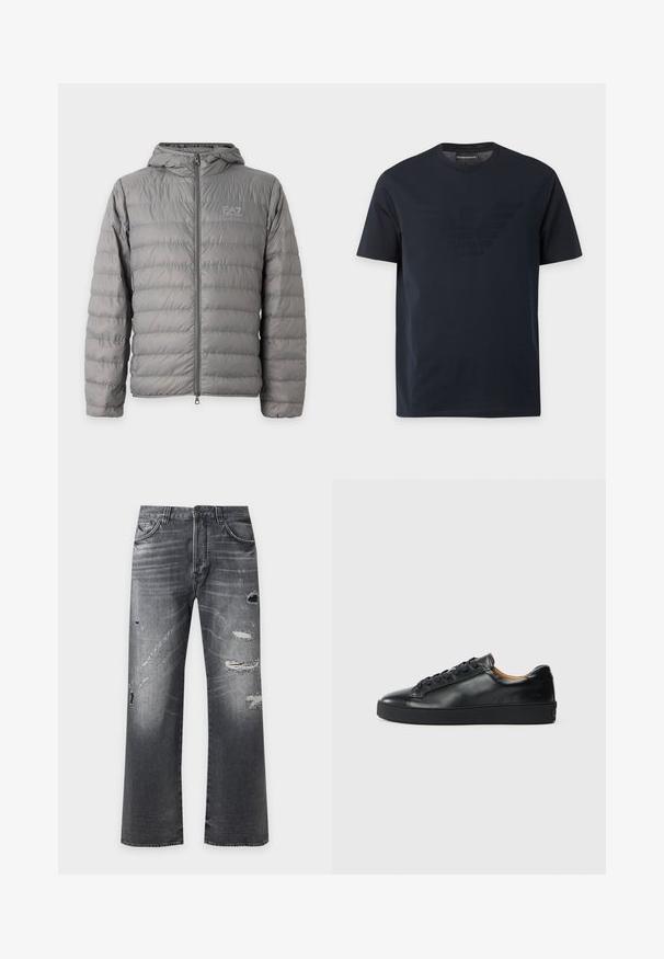 Doudoune grise à capuche avec matelassage horizontal et fermeture éclair à l’avant, avec le logo EA7 Emporio Armani sur la poitrine gauche.; T-shirt noir à manches courtes avec col rond, comportant un logo aigle en relief discret sur la poitrine et une étiquette de marque à l'intérieur du col.; Jean noir délavé à jambes droites avec des trous usés et des patches effilochés sur l'avant des cuisses et des genoux.; Baskets en cuir noir avec une texture lisse, bout rond et fermeture à lacets. Comprend une semelle en caoutchouc épaisse et un minimum de détails de marque.