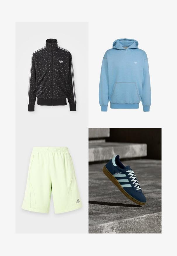 Sort zip-up jakke med leopardmønstret tekstur, hvide striber langs skuldrene og et lille hvidt logo på brystet.; Lyseblå hættetrøje med front kangurulomme og lille hvid Adidas-logo på brystet, med ribstrikkede manchetter og kant.; Lys grønne træningsshorts med elastisk taljebånd, sidesømme og et broderet logo på det nederste højre ben. Blød, glat tekstur.; Blå Adidas Spezial sneaker med hvide striber og snørebånd, gummisål, svævende over en ru betongoverflade og trin i baggrunden.
