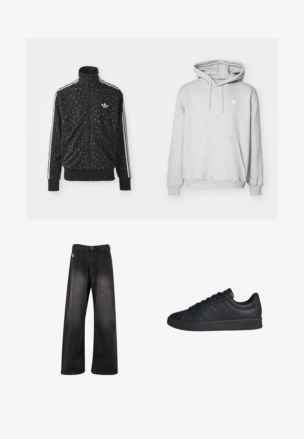 Sort zip-up jakke med leopardmønstret tekstur, hvide striber langs skuldrene og et lille hvidt logo på brystet.; Grå hættetrøje med kengurulomme, justerbar snor i hætten og lille hvidt logo på brystet. Lavet af blødt, struktureret materiale.; Sorte bukser i denim med brede ben og en falmet finish, der har knaplukning, fem lommer og et mærke på fronten til venstre.; Sort Adidas lav sko med tre striber på siden, snørebånd foran, polstret krave og gummisål.