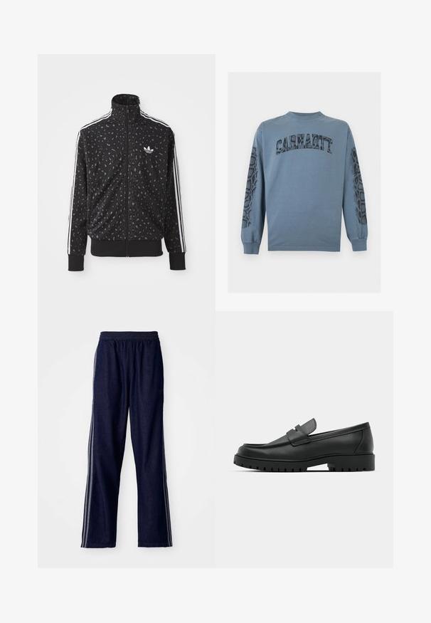 Sort zip-up jakke med leopardmønstret tekstur, hvide striber langs skuldrene og et lille hvidt logo på brystet.; Blå Carhartt langærmet skjorte med slangehudsmønster tekst på fronten og matchende slangehud designs langs begge ærmer.; Mørkeblå træningsbukser med elastisk talje, der har tre hvide sidestriber og en lige benudskæring. Blød denimtekstur.; Sorte læder loafers med rund tå, der har et syet design, lav platformssål og en struktureret, skridsikker gummisål.
