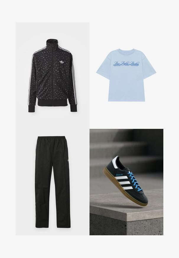 Sort zip-up jakke med leopardmønstret tekstur, hvide striber langs skuldrene og et lille hvidt logo på brystet.; LOW LIGHTS STUDIOS® NATIONAL - T-shirts print - sky blue; Sorte træningsbukser med elastisk talje, lige snit, lynlåsdetaljer i siderne og hvide striber langs siderne. Glat tekstur.; Sort Adidas sneaker med hvide striber, blå snørebånd og gummisål, der svæver over gråt betontrin i blødt lys.