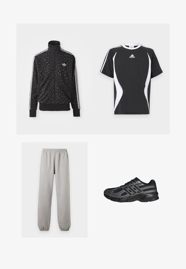 Chaqueta negra con cremallera que presenta una textura de print de leopardo, rayas blancas a lo largo de los hombros y un pequeño logo blanco en el pecho.; Camiseta negra de manga corta con acentos de diseño en blanco y el logo de Adidas en el pecho. Hecha de algodón suave con cuello redondo.; Pantalones deportivos gris claro con cinturilla y puños elásticos, corte recto, fabricados con tela suave.; Zapatillas deportivas negras hechas de malla y materiales sintéticos, que presentan una superficie texturizada, múltiples rayas grises y un collar acolchado.