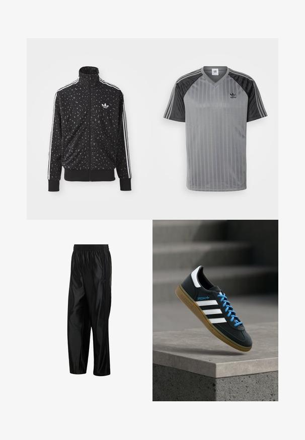 Chaqueta negra con cremallera que presenta una textura de print de leopardo, rayas blancas a lo largo de los hombros y un pequeño logo blanco en el pecho.; adidas Originals Camiseta estampada - black/grey; Pantalones deportivos negros y brillantes con cintura elástica, bolsillos laterales con cremallera y rayas tonales a lo largo de los lados.; Zapatilla negra Adidas con franjas blancas, cordones azules y suela de goma flotando sobre un escalón de hormigón gris con luz suave.