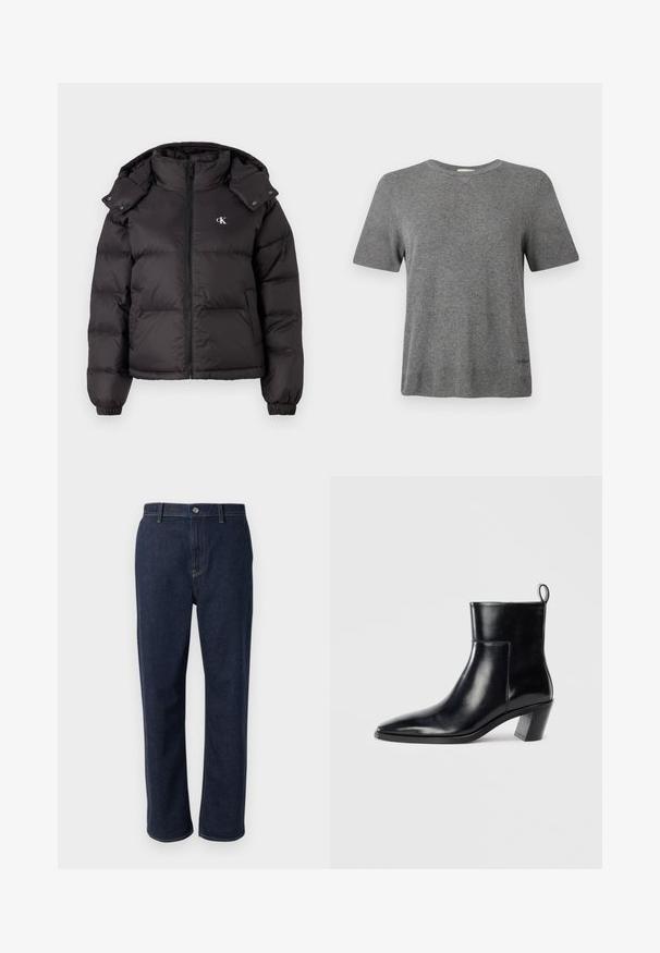Doudoune noire avec un col haut, fermeture éclair et un logo brodé sur la poitrine. Caractéristiques : poignets élastiques et capuche amovible.; T-shirt gris à manches courtes en tissu doux. Col rond, coupe décontractée, avec un logo discret à l'ourlet. Texture lisse partout.; Jeans en denim bleu foncé avec une coupe droite, dotés d'une fermeture éclair, de poches avant et de coutures visibles dans une couleur contrastante.; Bottine en cuir noir avec un bout pointu, un talon empilé géométrique et une languette à l'arrière. Texture lisse et design épuré.