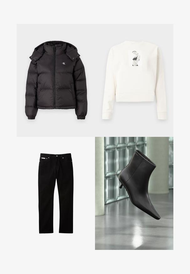 Doudoune noire avec un col haut, fermeture éclair et un logo brodé sur la poitrine. Caractéristiques : poignets élastiques et capuche amovible.; Sweatshirt court à manches longues blanc avec une photo imprimée en noir et blanc d'une femme en sous-vêtements noirs au centre avant.; Jean en denim noir à coupe droite, doté d'une fermeture par bouton et zip, de cinq poches, et d'une petite étiquette logo sur la ceinture.; Bottine en cuir noir avec bout pointu et petit talon, présentée devant un mur en blocs de verre et un sol poli.