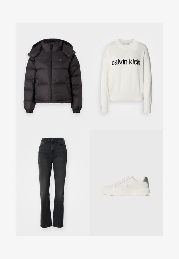 Sort vinterjakke med høj krave, lynlås lukning og broderet logo på brystet. Har elastiske manchetter og en aftagelig hætte.; Hvid strikket sweater med rund halsudskæring og lange ærmer, med et sort "calvin klein" logo over brystet. Blød tekstur, cropped snit.; Højtaljede sorte denim jeans med lige ben, fem-lomme design, frontlukning med knap og minimal syning.; Hvide sneakers lavet af læder med en glat tekstur, forsynet med en sølvaccent på hælen, flad sål og minimalistisk design.