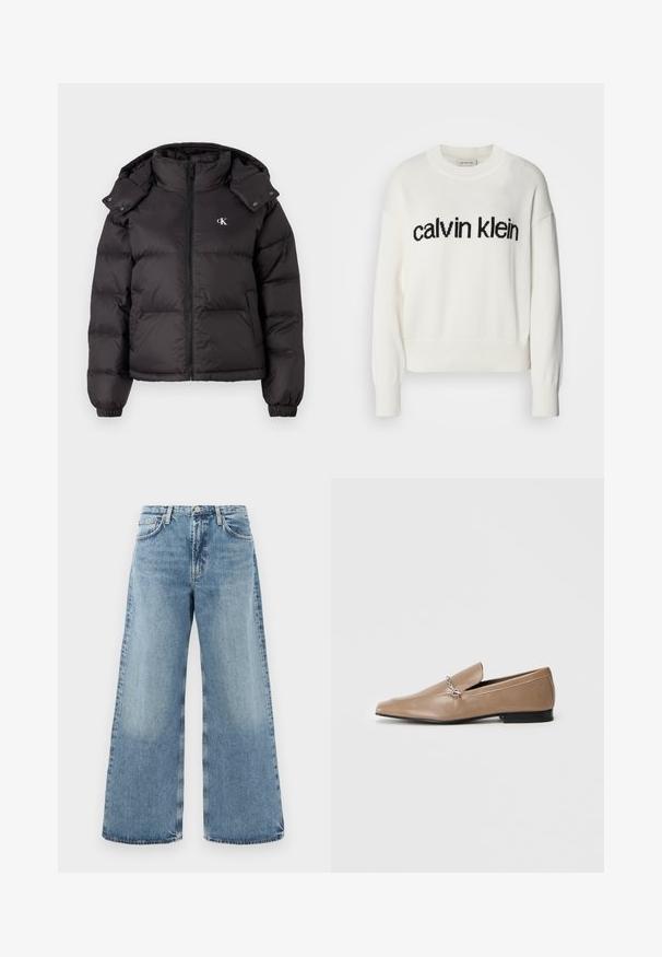 Sort vinterjakke med høj krave, lynlås lukning og broderet logo på brystet. Har elastiske manchetter og en aftagelig hætte.; Hvid strikket sweater med rund halsudskæring og lange ærmer, med et sort "calvin klein" logo over brystet. Blød tekstur, cropped snit.; Lysblå denimwide-leg jeans med høj talje, traditionelt fem-lomme design, synlige sømme og en rå kant.; Tan læder loafers med spids tå, dekorativt sølv hardware-element og en lav sort hæl. Glat tekstur og minimalistisk design.