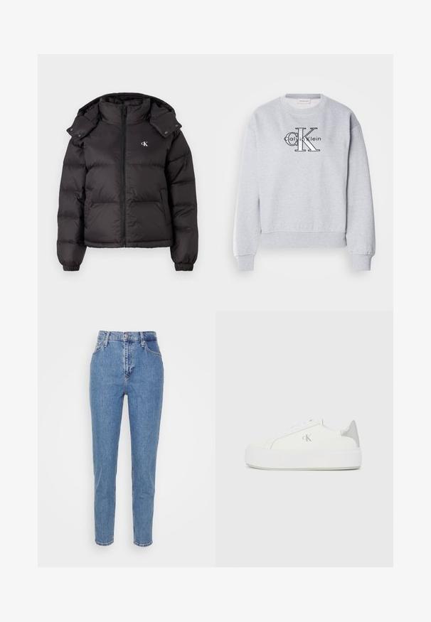 Zwarte pufferjack met hoge kraag, ritssluiting en een geborduurd logo op de borst. Heeft elastische manchetten en een afneembare capuchon.; Grijze sweatshirt met ronde hals en geribde manchetten, met logo "Calvin Klein" en "CK" graphic prominent weergegeven op de voorkant.; Blauwe high-waisted straight-leg jeans met een knoop en rits aan de voorkant, riemlussen en zakken, weergegeven op een effen witte achtergrond.; Witte canvas sneakers met een dikke witte zool, voorzien van een metallic zilveren accent op de hiel en een subtiel logo detail aan de zijkant.