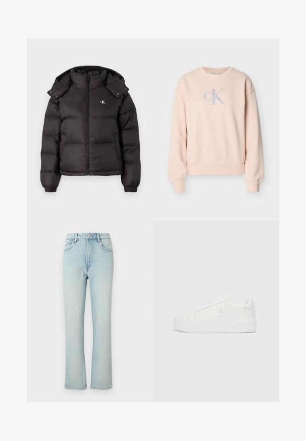 Schwarze Pufferjacke mit hohem Kragen, Reißverschluss und gesticktem Logo auf der Brust. Verfügt über elastische Bündchen und eine abnehmbare Kapuze.; Hellrosa Calvin Klein Sweatshirt mit langen Ärmeln, Rundhalsausschnitt, gerippten Bündchen und Frontlogo in hellgrauen und weißen Buchstaben.; Hellblaue Jeans mit hoher Taille und geradem Bein, vorne mit Knopf, Gürtelschlaufen und klassischem Fünf-Taschen-Design auf einfarbigem Hintergrund.; Weiße Plattform-Sneaker mit einem glatten Leder-Obermaterial, abgerundetem Zehenbereich, weißen Schnürsenkeln und dezentem Logo-Detail an der Seite. Flache Gummisohle.