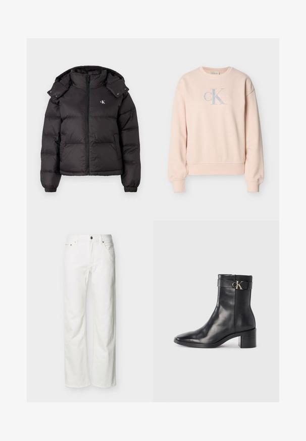 Zwarte pufferjack met hoge kraag, ritssluiting en een geborduurd logo op de borst. Heeft elastische manchetten en een afneembare capuchon.; Lichtroze Calvin Klein sweatshirt met lange mouwen, ronde hals, geribde manchetten en voorop een logo in lichtgrijze en witte letters.; Witte jeans met rechte pijpen, voorzakken, riemlussen, knoopsluiting en zichtbare stiksels tegen een effen achtergrond.; Zwarte leren enkellaars met een spitse neus, blokhak en een bandje met een metallic logo. Gladde textuur en minimalistisch ontwerp.