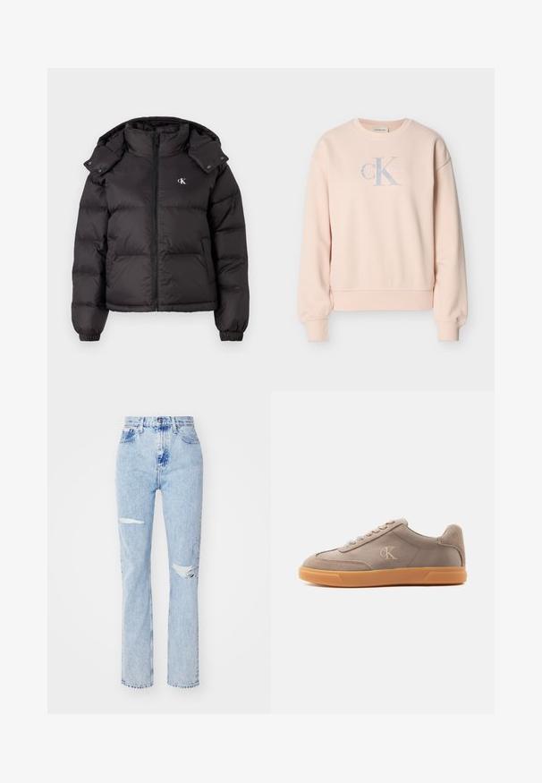 Čierna bundá z materiálu puffer s vysokým golierom, zipsom a vyšitým logom na hrudi. Má elastické manžety a odnímateľnú kapucňu.; Svetloružová mikina Calvin Klein s dlhými rukávmi, okrúhlym výstrihom, rebrovanými manžetami a predným logom v svetlosivej a bielej farbe.; Svetlomodré vysoké džíny vyrobené z denimu, s dvoma roztrhnutiami na kolenách, rovnými nohavicami a viditeľným stehom na páse a na lemoch.; Nízke tenisky v taupe farbe s béžovými semišovými detailmi, gumovou podrážkou, šnurovaním vpredu a vyrazeným logom "cK" na bočnom paneli.