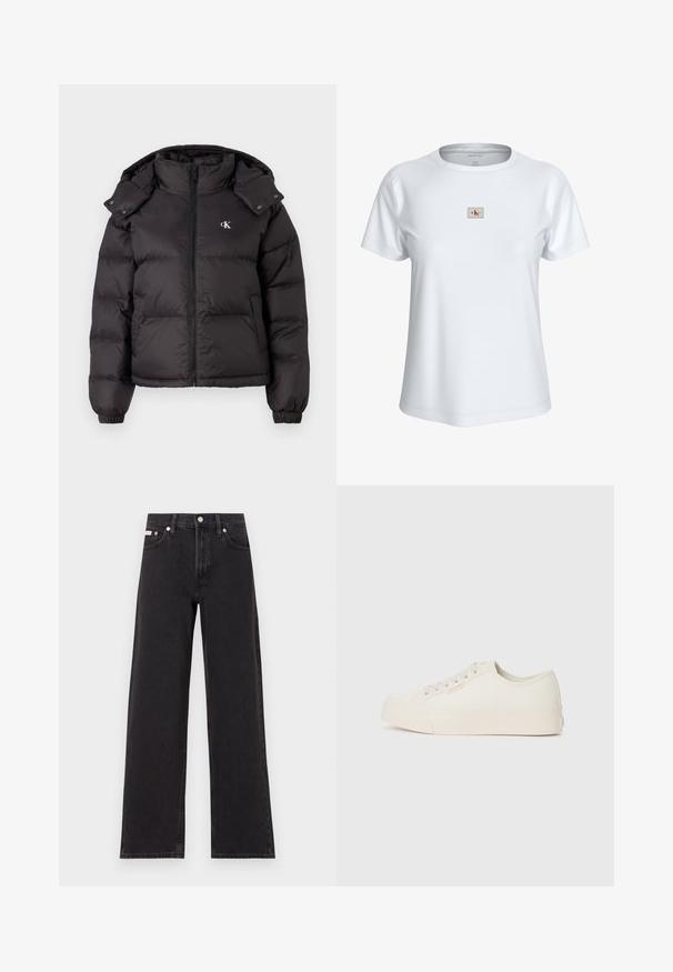 Sort vinterjakke med høj krave, lynlås lukning og broderet logo på brystet. Har elastiske manchetter og en aftagelig hætte.; Hvid T-shirt med korte ærmer og rund hals med lille rektangulært Calvin Klein Jeans-logo placeret midt på brystet.; Sorte vidde jeans lavet af denim, med høj talje, fem-lomme stil og en metalknap lukning med kontrasterende syninger.; Sneakers lavet af off-white canvas, med et low-top design, rund tå og flad gummisål med diskrete syninger.