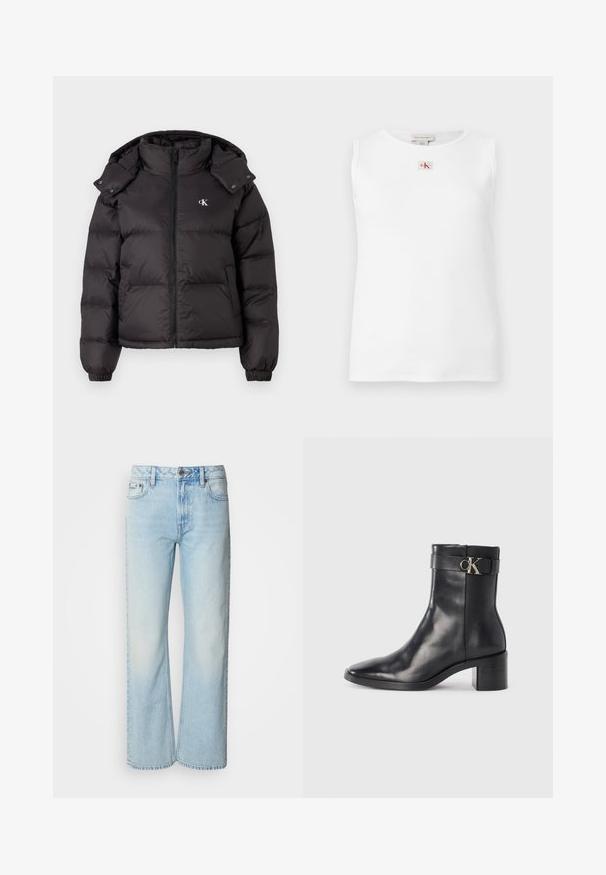 Sort vinterjakke med høj krave, lynlås lukning og broderet logo på brystet. Har elastiske manchetter og en aftagelig hætte.; Hvid ærmeløs top med ribstruktur og et lille rødt og sort Calvin Klein-logo centreret under halsudskæringen.; Lyseblå brede jeans lavet af denim med et klassisk fem-lomme design og en subtil falmet tekstur. Denim-syninger er synlige.; Sort læder ankelstøvle med spids tå, blokhæl og en rem med en metallisk logo detalje. Glat tekstur og minimalistisk design.
