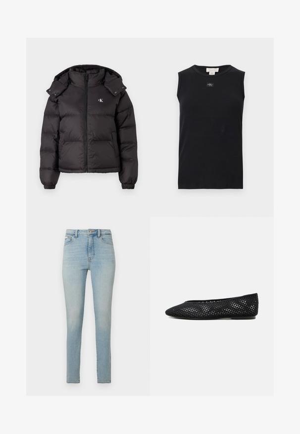 Schwarze Pufferjacke mit hohem Kragen, Reißverschluss und gesticktem Logo auf der Brust. Verfügt über elastische Bündchen und eine abnehmbare Kapuze.; Schwarzes, ärmelloses, geripptes Tanktop mit rundem Ausschnitt und kleinem Calvin Klein Logo-Patch mittig unter dem Kragen.; Hellblaue Skinny-Jeans aus Denim mit mittelhohem Bund, Frontknopfverschluss und klassischem Fünf-Taschen-Design. Gleichmäßige Struktur mit leichter Ausbleichung.; Schwarzer Mesh-Flachschuh mit geschlossener Spitze und niedrigem Absatz, mit atmungsaktivem gewebtem Design und dezentem seitlichem Logo.