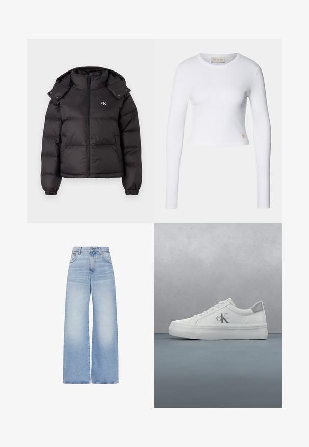 Schwarze Pufferjacke mit hohem Kragen, Reißverschluss und gesticktem Logo auf der Brust. Verfügt über elastische Bündchen und eine abnehmbare Kapuze.; Weißes Langarm-Crop-Top aus geripptem Stoff. Verfügt über einen runden Halsausschnitt und ein kleines Logo-Tag auf der linken unteren Seite.; Hellblaue Jeans mit hoher Taille und weitem Bein, vorne mit Knopf- und Reißverschluss, vorderen und hinteren Taschen sowie einem leicht verwaschenen Detail an der rechten Tasche.; Weiße Ledersneaker mit flacher Sohle, ausgestattet mit einem dezenten grauen Akzent an der Ferse und einem auffälligen 'CK'-Logo an der Seite.