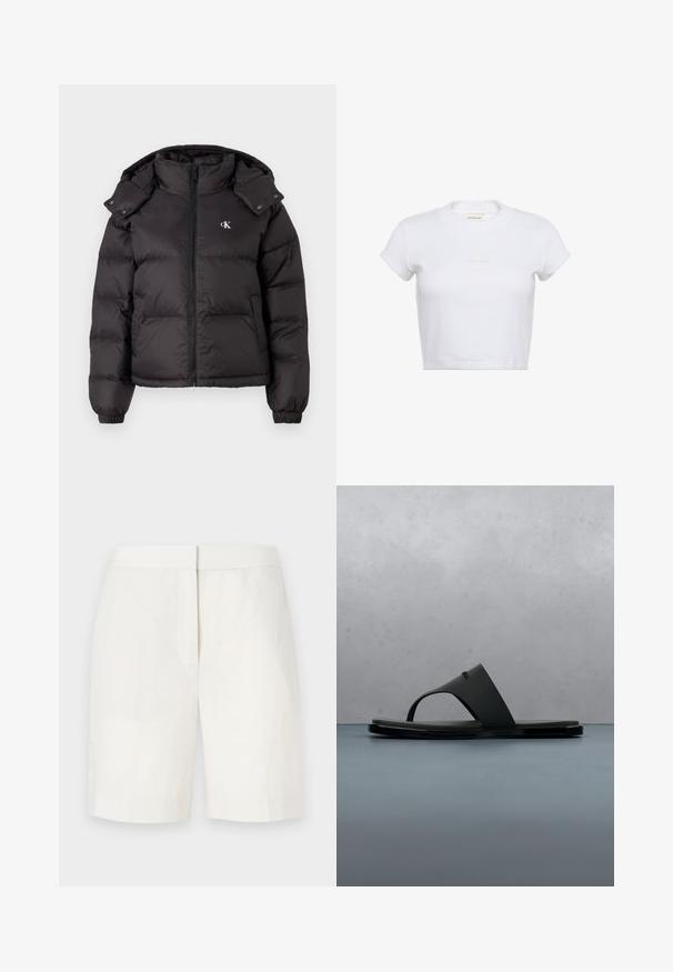Sort vinterjakke med høj krave, lynlås lukning og broderet logo på brystet. Har elastiske manchetter og en aftagelig hætte.; Hvid cropped t-shirt med korte ærmer og ribbet tekstur. Har en rund halsudskæring og en diskret "Calvin Klein"-logo i lys farve foran.; Hvide bomulds shorts med lige snit, flad front og subtil tekstur. Har en taljebånd og ingen synlige lommer. Enkel design.; Sort Calvin Klein thong-sandal, der svæver over trælameller med små sten udendørs, med sløret grønt løv og betonmur i baggrunden.