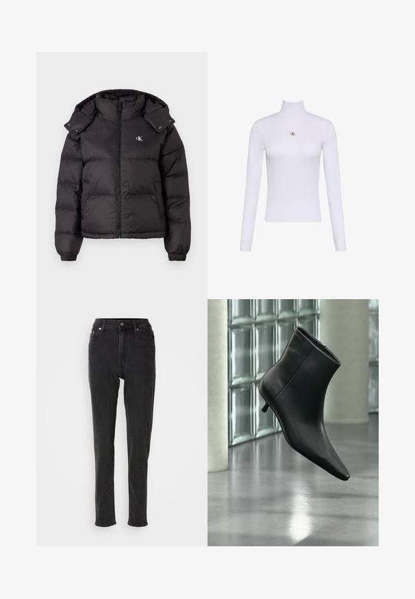 Doudoune noire avec un col haut, fermeture éclair et un logo brodé sur la poitrine. Caractéristiques : poignets élastiques et capuche amovible.; Haut blanc à manches longues avec col roulé et petit écusson du logo Calvin Klein centré sur la poitrine.; Jean en denim noir taille haute, coupe slim, équipé d'une fermeture à boutons, de passants pour ceinture et de surpiqûres contrastées. Texture lisse, sans motifs visibles.; Bottine en cuir noir à bout pointu et petit talon kitten, présentée en angle devant un sol poli et un mur en blocs de verre.