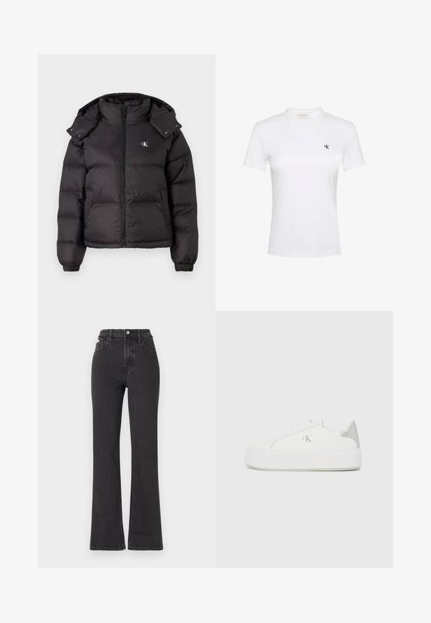 Schwarze Pufferjacke mit hohem Kragen, Reißverschluss und gesticktem Logo auf der Brust. Verfügt über elastische Bündchen und eine abnehmbare Kapuze.; Weißes T-Shirt mit kurzen Ärmeln aus weichem Stoff und rundem Ausschnitt. Auf der linken Brust befindet sich ein kleines schwarzes "ck"-Logo. Klassische Passform.; Schwarze, hochgeschnittene Schlagjeans aus Denim mit Knopfverschluss, Gürtelschlaufen und seitlichen Taschen. Glatte Textur mit minimaler Ausbleichung.; Weiße Leinensneaker mit einer dicken weißen Sohle, die ein metallisch silbernes Detail an der Ferse und ein dezentes Logo auf der Seite aufweisen.