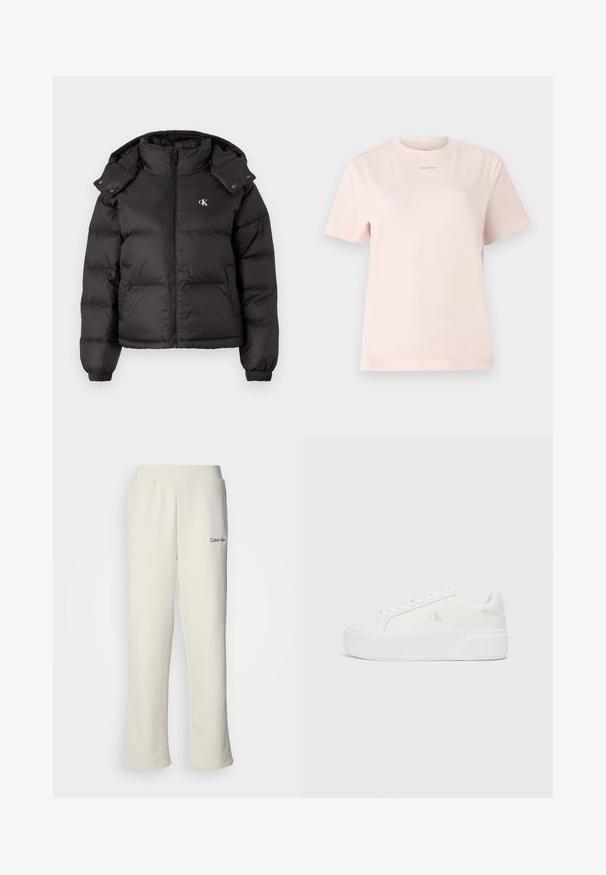 Doudoune noire avec un col haut, fermeture éclair et un logo brodé sur la poitrine. Caractéristiques : poignets élastiques et capuche amovible.; T-shirt en coton rose clair avec un col rond, des manches courtes et un petit logo "Calvin Klein" imprimé dans une couleur assortie sur la poitrine.; Pantalons de survêtement couleur crème de Calvin Klein avec une coupe ample, une taille élastique et un petit logo vert sur le côté gauche. Texture douce et lisse.; Baskets plateformes blanches avec une tige en cuir lisse, bout arrondi, lacets blancs et un logo discret sur le côté. Semelle en caoutchouc plate.