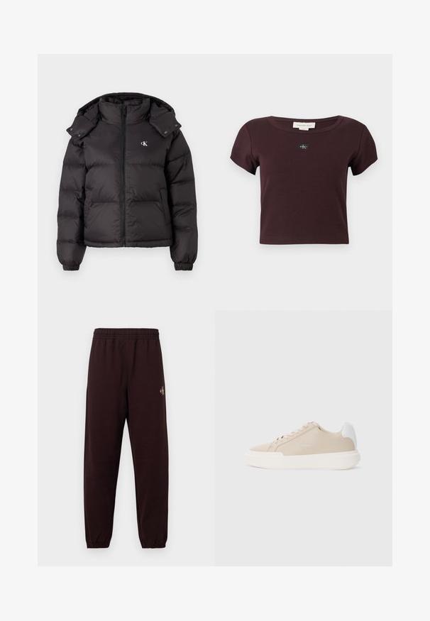 Zwarte pufferjack met hoge kraag, ritssluiting en een geborduurd logo op de borst. Heeft elastische manchetten en een afneembare capuchon.; Korte mouwen, bordeauxrode cropped t-shirt gemaakt van geribd stof. Voorzien van een zwart Calvin Klein Jeans-logo op de borst. Ronde halslijn.; Donkerbruine joggingbroek met een elastische tailleband, taps toelopende pijpen en een klein gouden logodetail aan de linkerkant. Gladde stoftextuur.; Beige leren sneaker met een witte achteraccent, platte witte zool en ton-sur-ton stiksels met logo-detail op de zijkant.