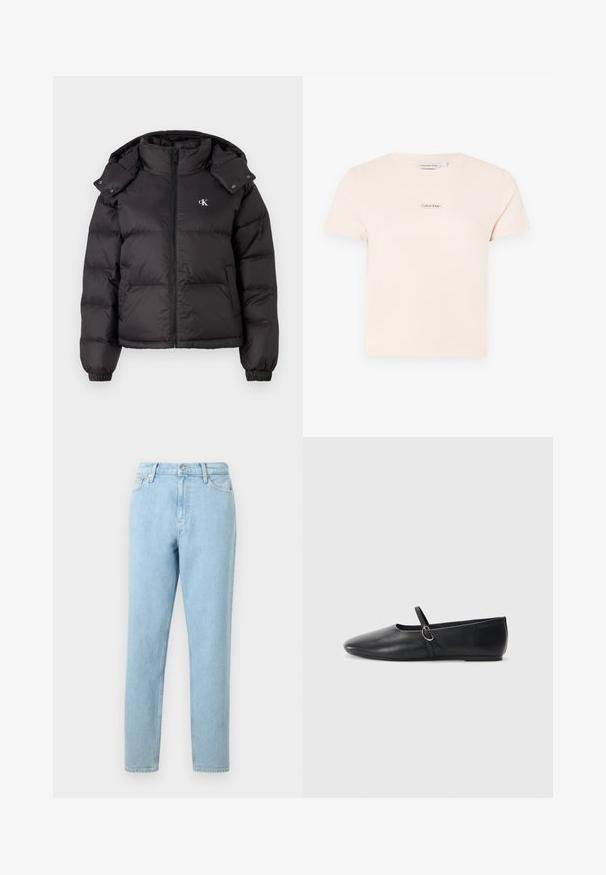Doudoune noire avec un col haut, fermeture éclair et un logo brodé sur la poitrine. Caractéristiques : poignets élastiques et capuche amovible.; T-shirt en coton rose clair avec des manches courtes et un col rond. Présente un petit logo Calvin Klein sur la zone de la poitrine.; Jeans en denim bleu clair avec une coupe droite, design à cinq poches et fermeture à bouton. Présente un léger dégradé et une texture lisse.; Ballerines noires en cuir avec un bout pointu, une semelle plate et une petite sangle avec un détail de boucle en argent.