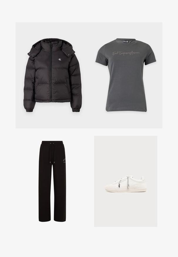 Sort vinterjakke med høj krave, lynlås lukning og broderet logo på brystet. Har elastiske manchetter og en aftagelig hætte.; Mørkegrå T-shirt med korte ærmer og rund halsudskæring med teksten "East Emporio Armani" på brystet i små nitter.; Sort afslappede sweatpants lavet af blødt stof, med elastisk taljebånd med snøre og en lille logodetalje på siden.; Hvid lavtop sneaker med stofsnørebånd og små dekorative perler på siden, sat mod en ensartet lys baggrund.