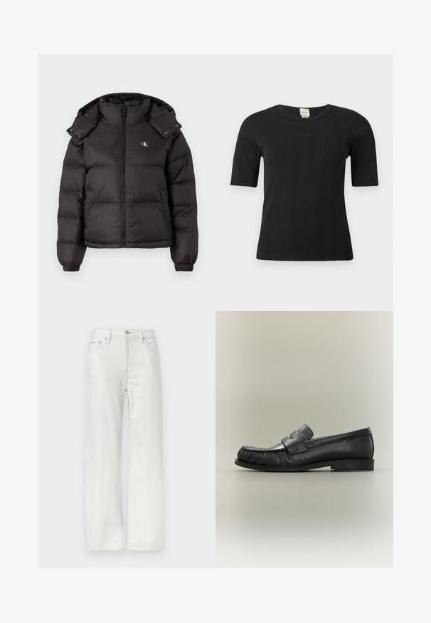 Sort vinterjakke med høj krave, lynlås lukning og broderet logo på brystet. Har elastiske manchetter og en aftagelig hætte.; Sort ribbet Calvin Klein top med korte ærmer, rund halsudskæring og diskret logo broderet på brystet mod en ensfarvet baggrund.; Hvide jeans med lige ben, for- og baglommer, bæltestropper, knaplukning og synlige syningsdetaljer.; Sort læder penny loafer med rynket tådetalje og lav stablet hæl, set fra siden på en neutral baggrund.